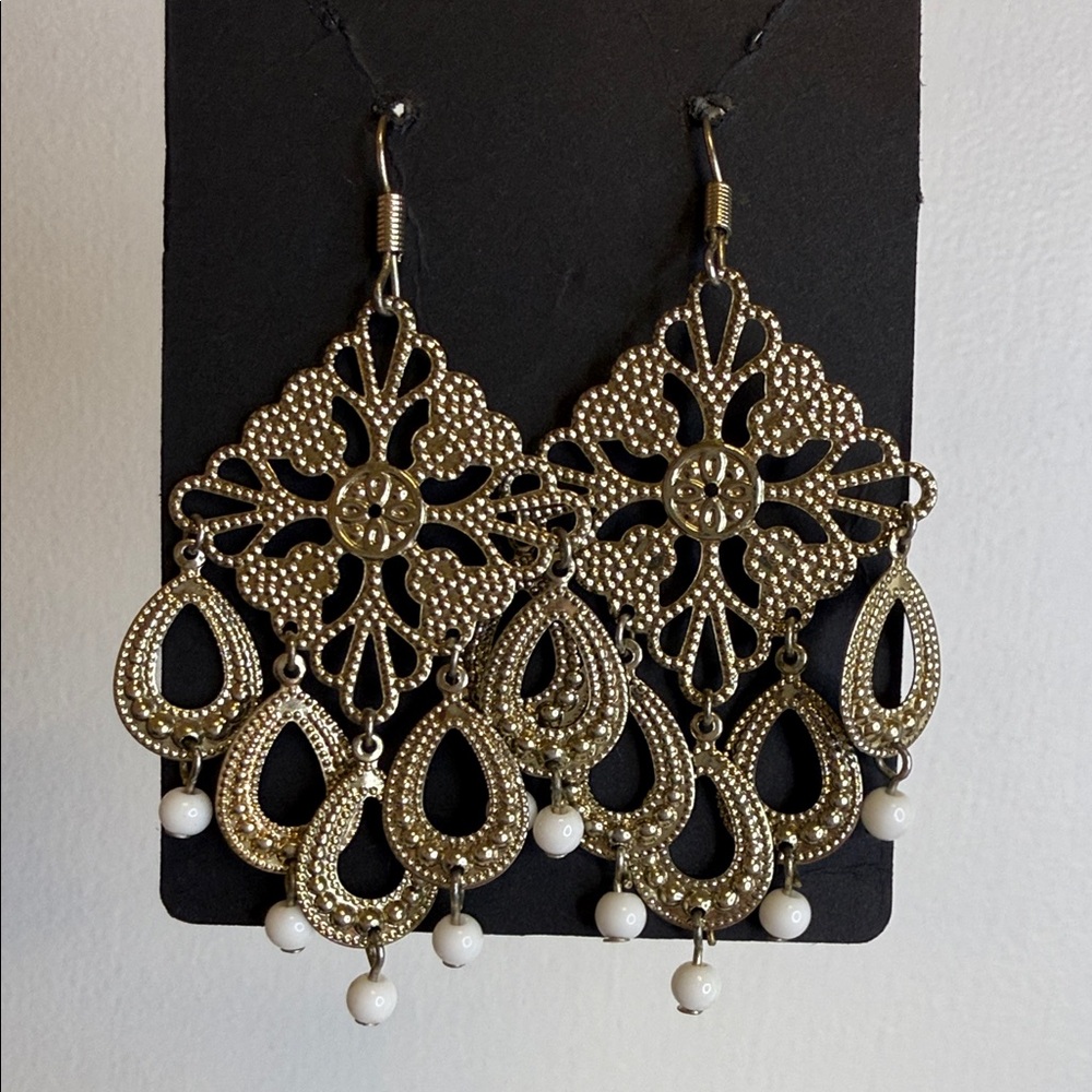 Gold Tone Filigree Chandelier Earrings Boho Pearl Drop